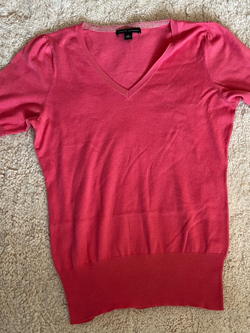 Banana Republic Bright Coral-Pink V-Neck Short Sleeve Fine Gauge Sweater Top SzS